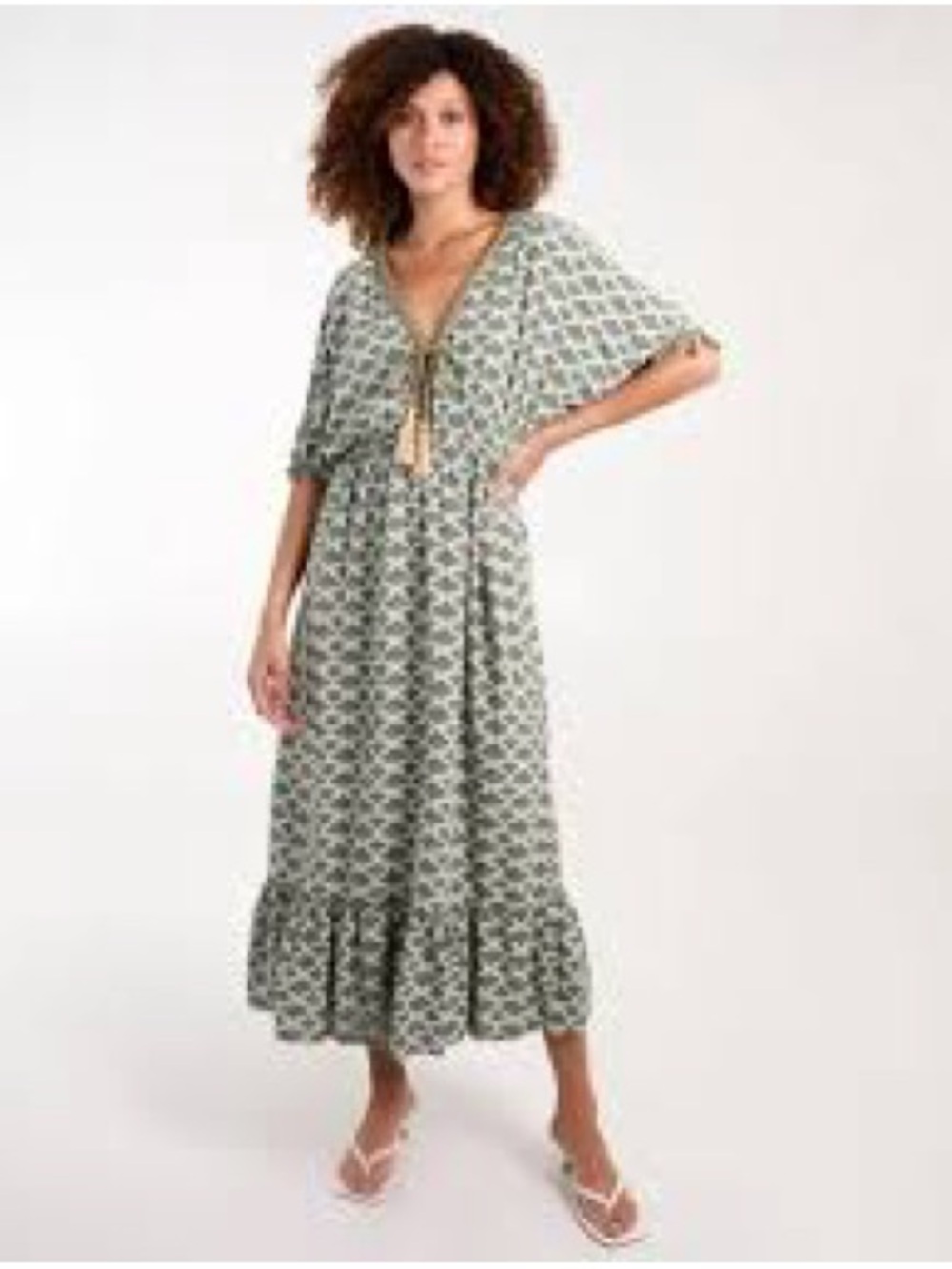 Bohemian Green Printed Maxi Dress with Tassel Tie